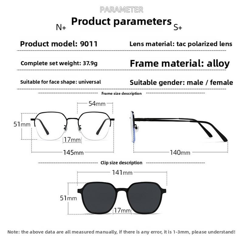 Magnetic Clip-On Glasses Frame Polarized Sunglasses Driving Sunglasses 3 IN 1 Half-frame Metal Stainless Steel