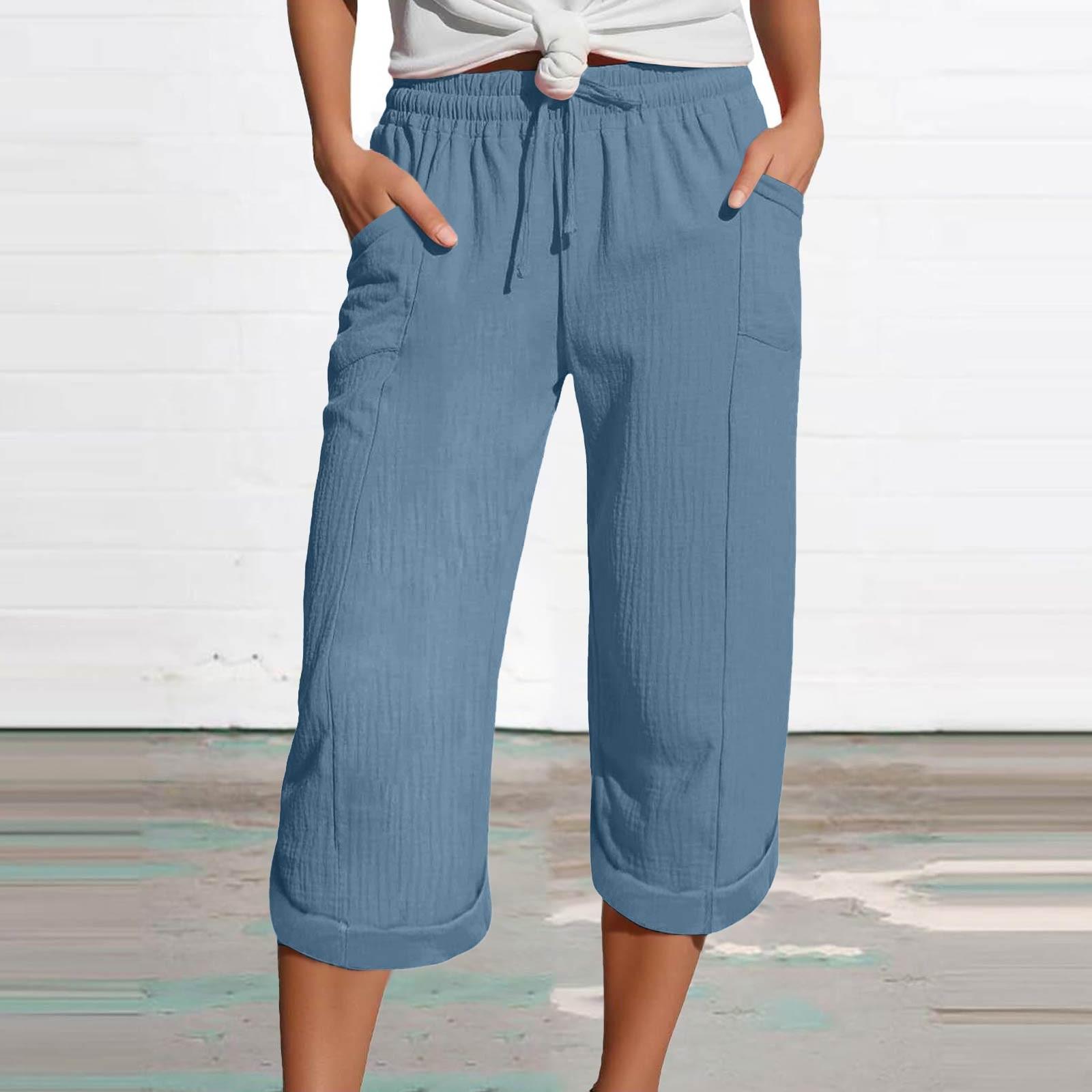 

Жіночі літні штани 3/4 Літні штани з кишенями Повсякденні вільні штани Тканинні штани Спортивні штани для відпочинку Пляжні штани S синій