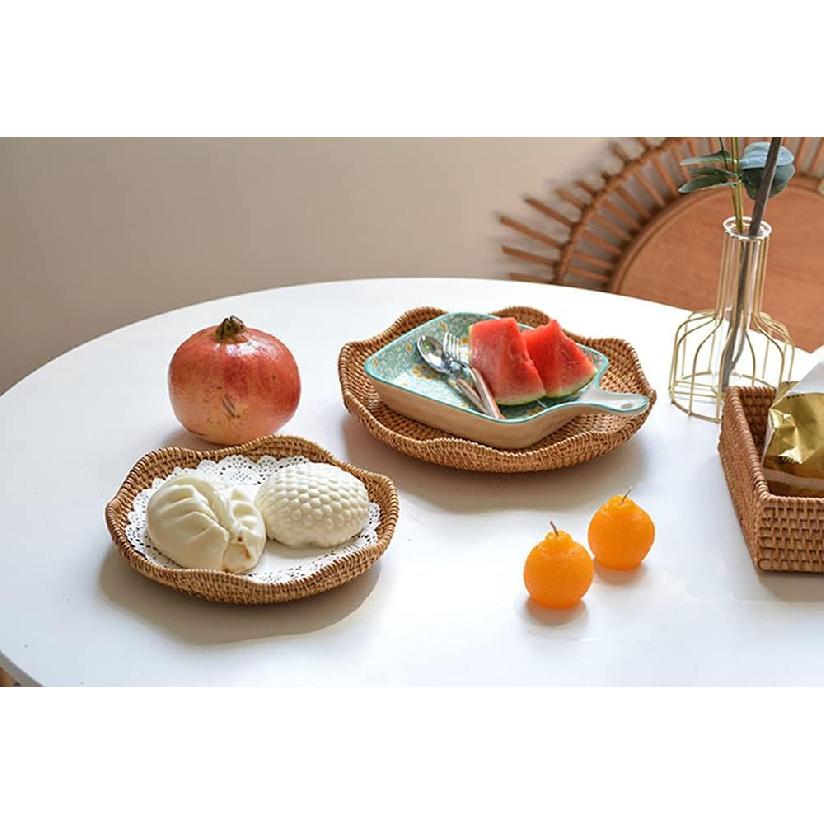Hand-Woven Rattan Fruit Tray Storage Bread Basket Serving Tray Home Decoration Food Serving Platter 2 Pieces