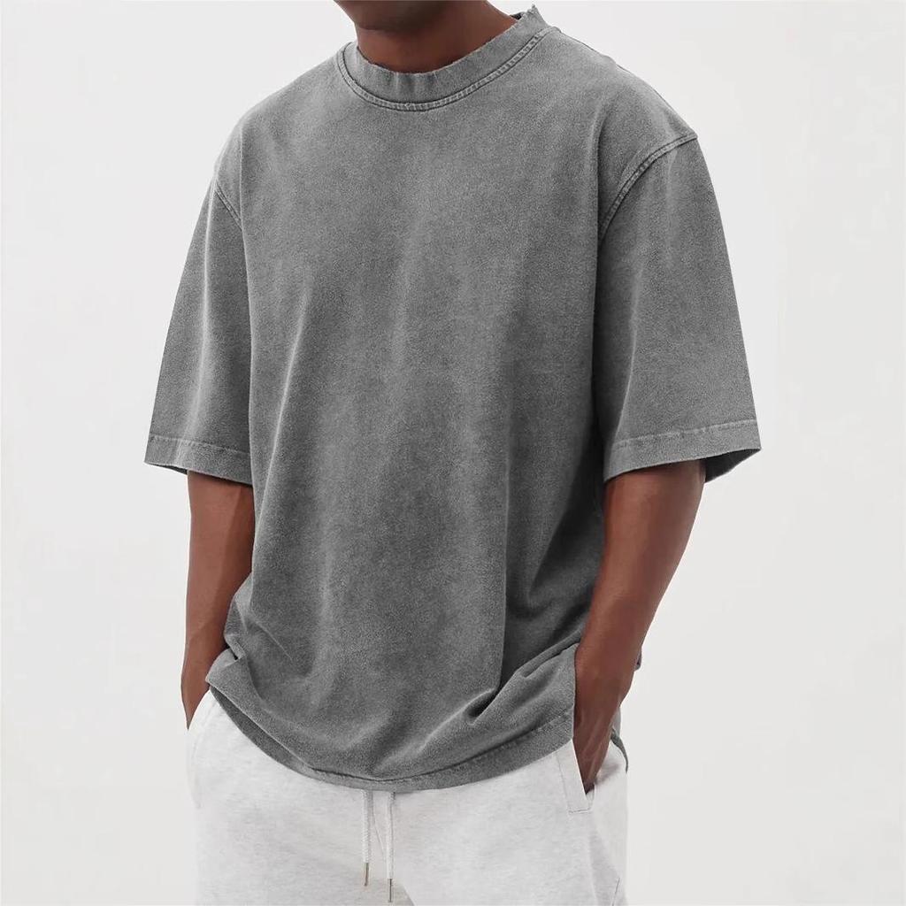 2025 Men's Distressed Washed Fried Color Solid Pullover T-Shirt, Spring/Summer Collection