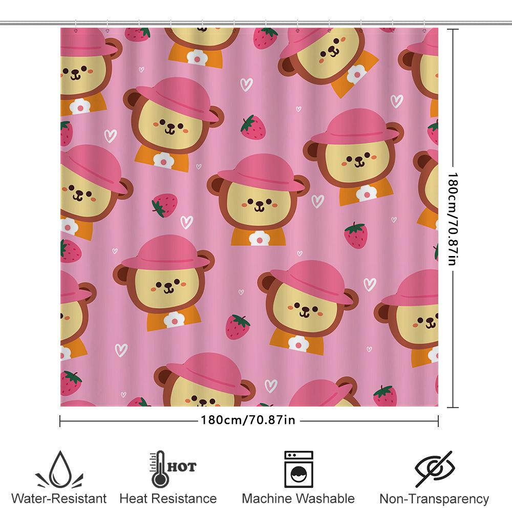 Bear Pattern Shower Curtain Waterproof Decorative Bathroom Liner For Kids Bathrooms Pink Strawberry Design