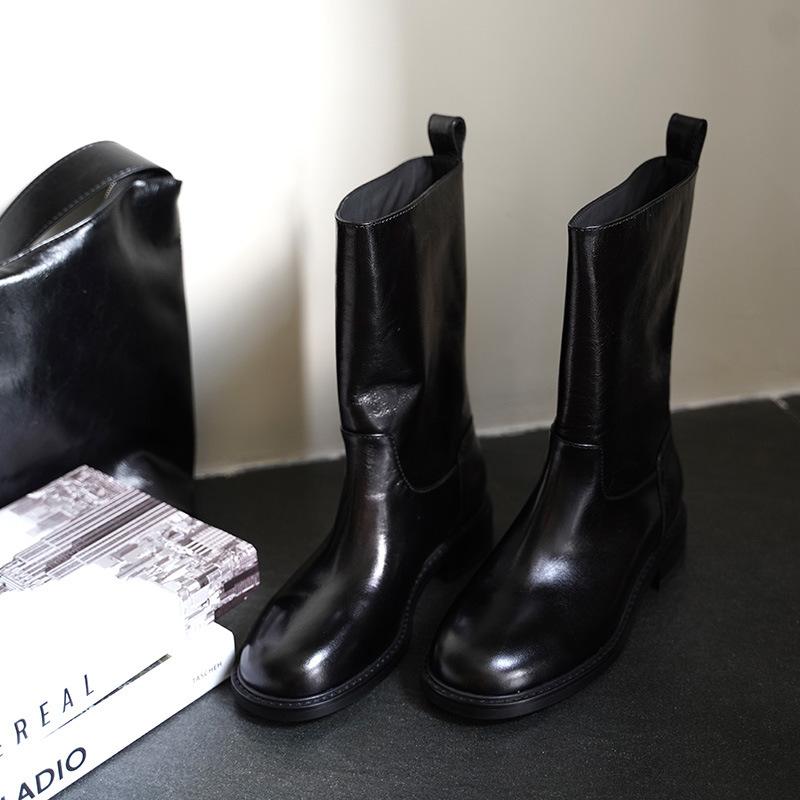 Lammfellversion handgefertigte Zigarettenstiefel Damen 2025 Herbst und Winter neue Lederstiefel mittelhoher Schaft Retro gerade Ritterstiefel Einzelstiefel