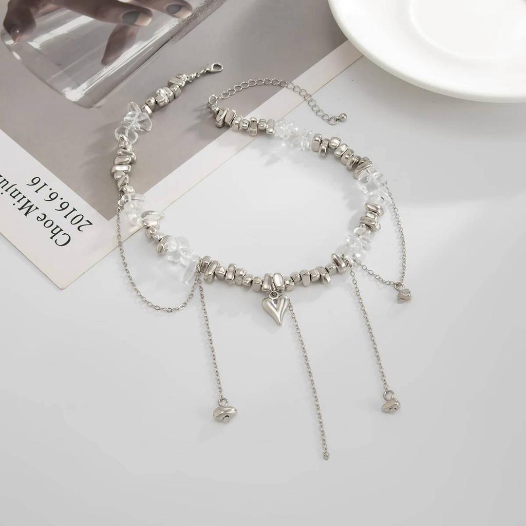 Salircon Exquisite Love Heart Tassel Pendant for Women Trendy Irregular Metal Beaded Clavicle Chain Wedding Bride Jewelry Gift