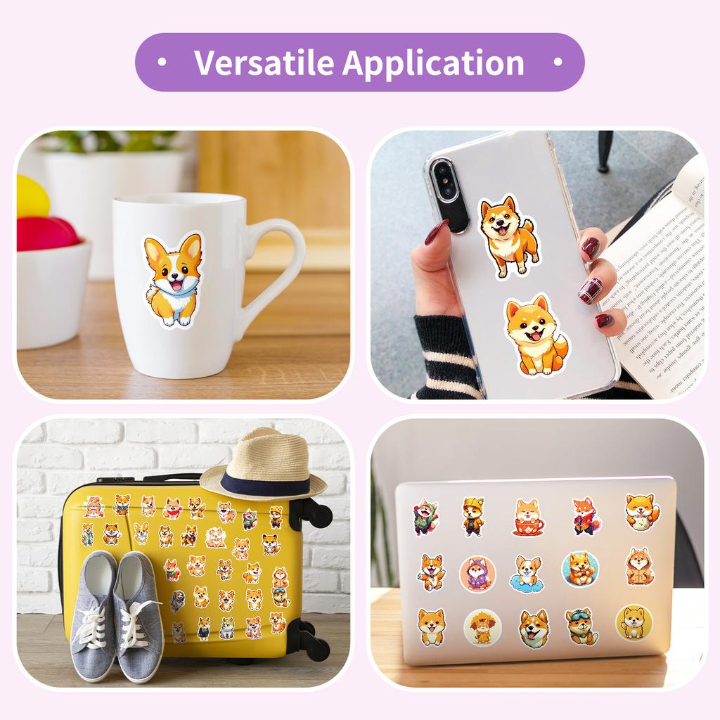 50Pcs Cute Shiba Inu Stickers – Waterproof Reusable Dog Decals for Luggage, Laptop, Phone