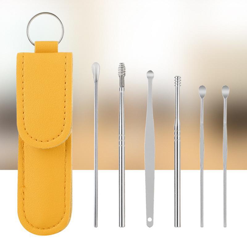 Six-Piece Stainless Steel Ear Cleaning Set with Spring Spiral Tools & Leather Case