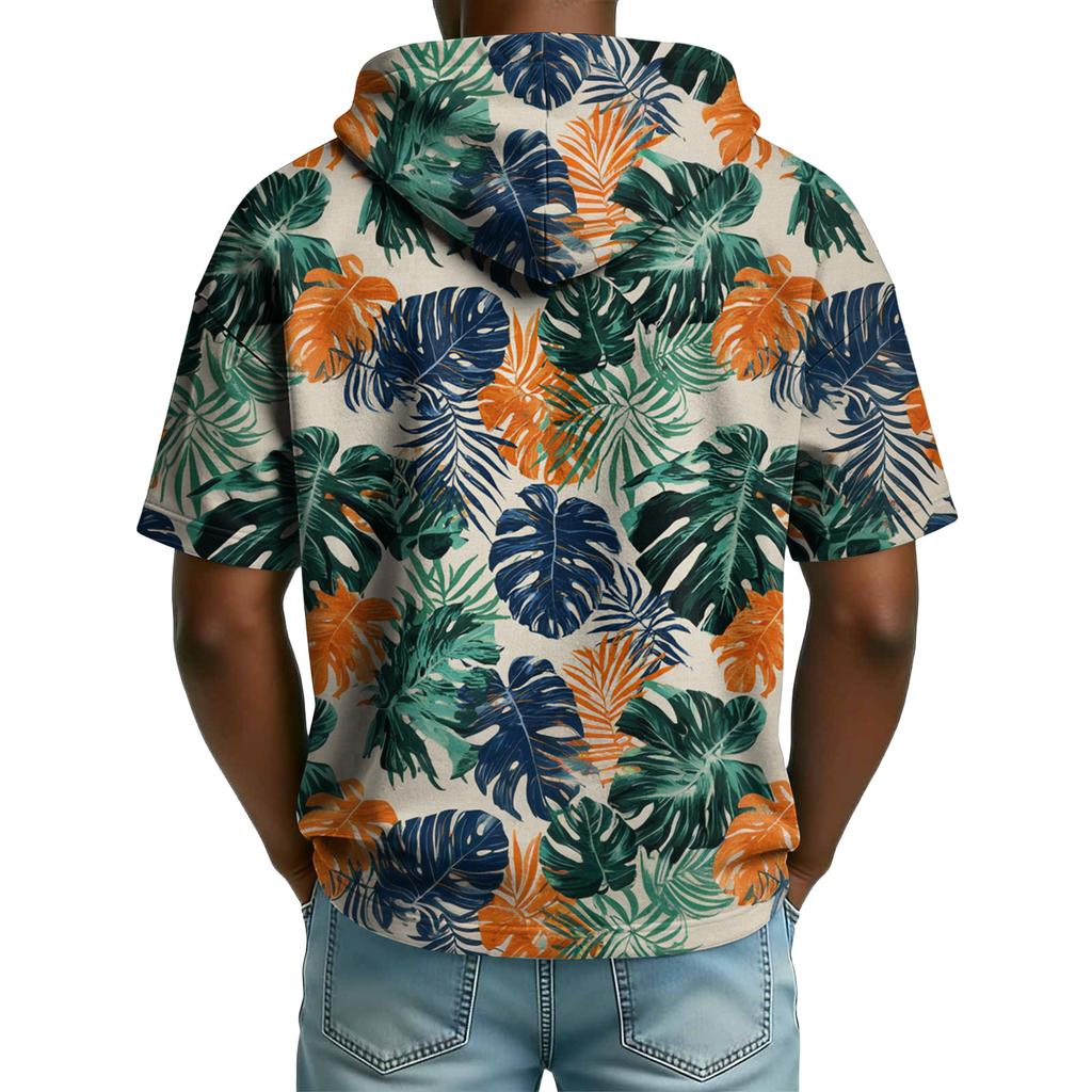 Men's Casual Hooded Zipper Neck Sweatshirt Short Sleeve Top