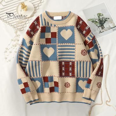 Unisex Winter Sweater Plaid Printing Retro Style Round Neck Long Sleeves Multi Patterns Couple Knitted Sweater for Home School Commuting