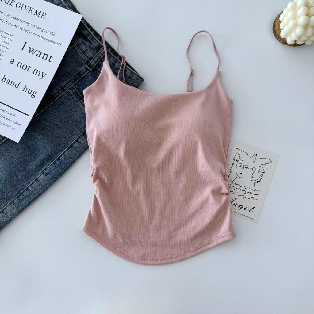 Women's Pleated Camisole: Fresh Design, Slim-Fit, with Chest Pads, Versatile for Outer or Base Layer, Summer-Perfect with Stylish Back