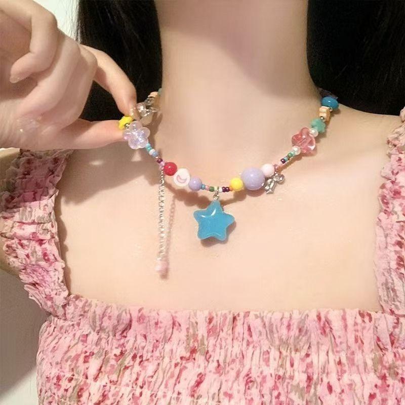 Knock Suitable for Summer Drop Rainbow Candy Necklace Female Niche Accessories Sweet Cool Babes Collarbone Chain Tide