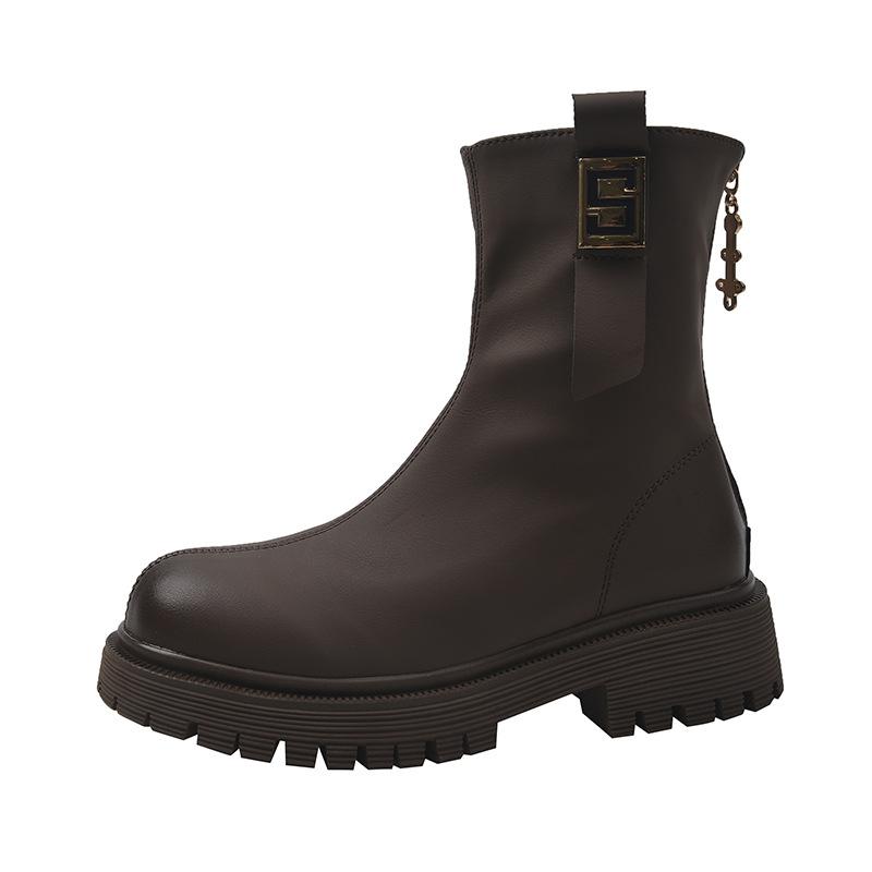 Thick-soled Chinese Heel British Style Chelsea Short Boots Women's 2025 Winter Heightening, Zipper Heightening After Fried Street Martin Boots Tide