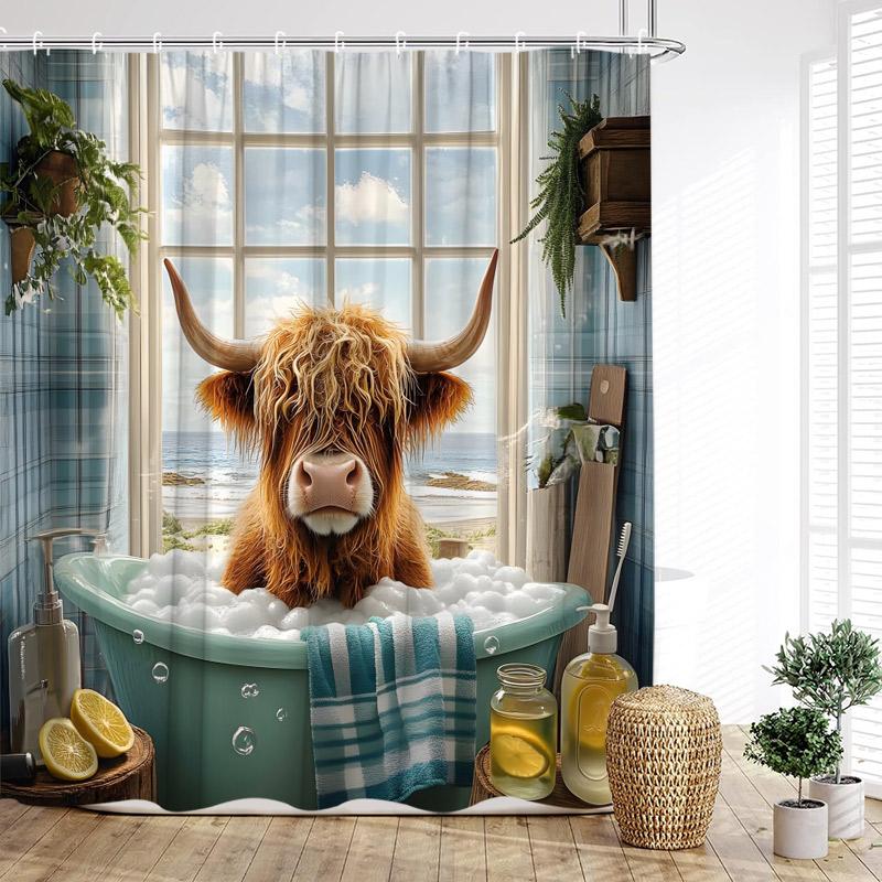 Funny Bathing Highland Cattle Shower Curtains Blue Bathtub Bath Curtain Window Ocean Landscape Bathroom Decoration with Hooks
