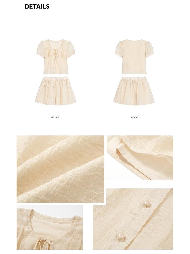 2026 Spring/Summer French Square Neck Short Sleeve Shirt & A-line Skirt Shorts Textured Fashion Set for Women