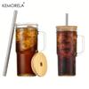 700ML Glasbecher mit Holzdeckel Strohhalm 1/2/4 Stück Transparent Perlmutt Milchsaft Verdickter Glasbecher Trinkgeschirr Kaffeetasse