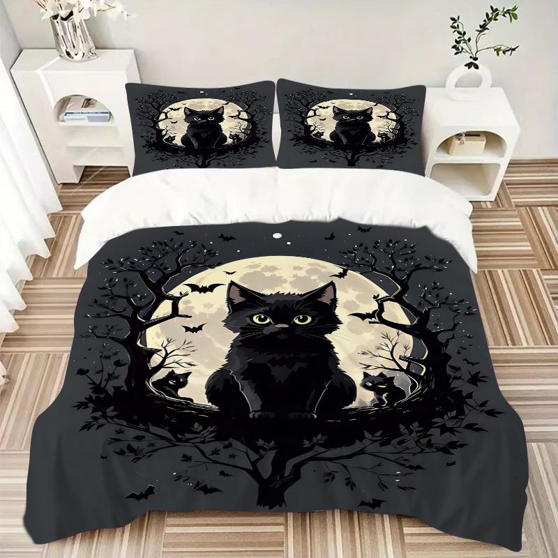 3pcs Moon and Black Cat Creative Design Printed Quilt Set - Soft and Comfortable Quilt Cover for Bedroom, Guest Room and Dormitory Decorativ