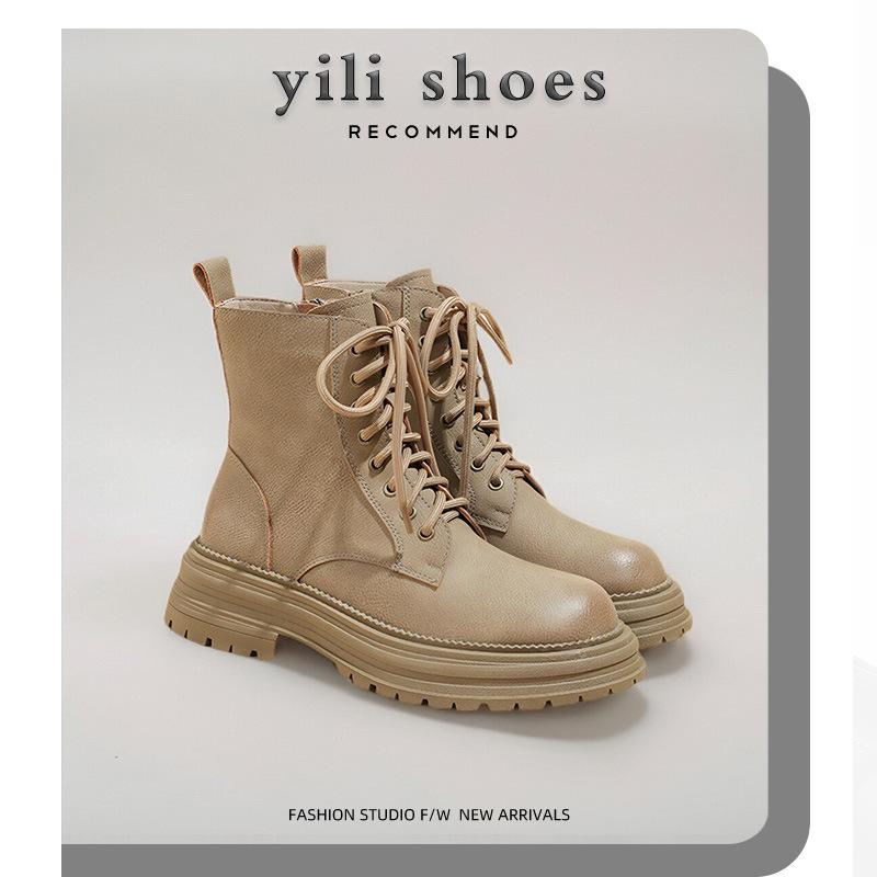 Soft cowhide~ Leather lace-up Martin boots for women's new low-top British style sweet and cool locomotive thick-soled heightening short boots