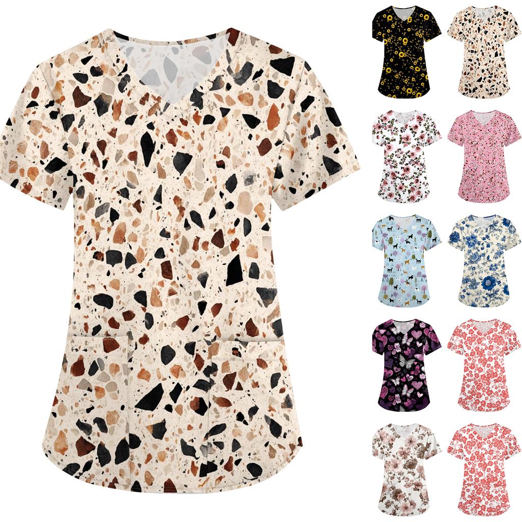 Women's Floral Print Loose V-neck Short-sleeved Uniform/ Uniform