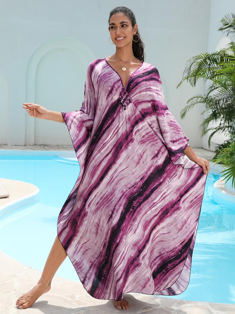Vacation dress, long robe, loose positioned print beach cover-up, bikini dress