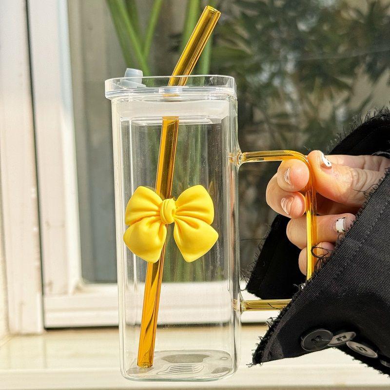 Nespresso Iced Coffee Cup with Straw Cute Bow Cup Glass Mug for Summer Drinks Water Tumbler with Handle Home Drinkware Gift