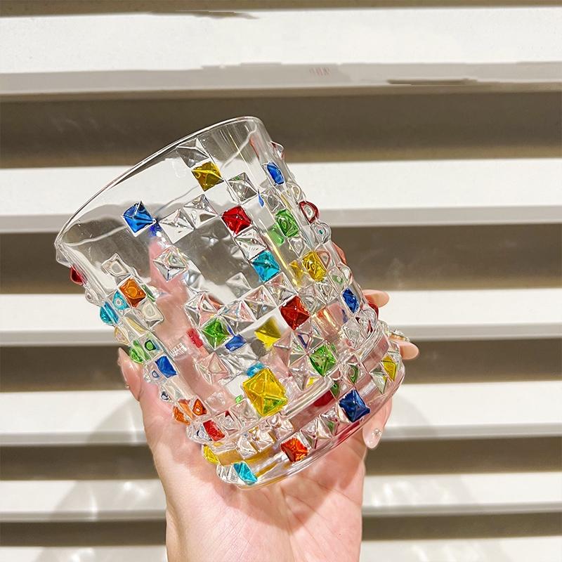 Bicchiere da Whiskey in Vetro Cristallo Colorato Dipinto Stile Europeo, Bicchiere da Acqua per la Casa, Tazza da Tè, Bicchiere da Acqua in Vetro Colorato con Motivo Intrecciato