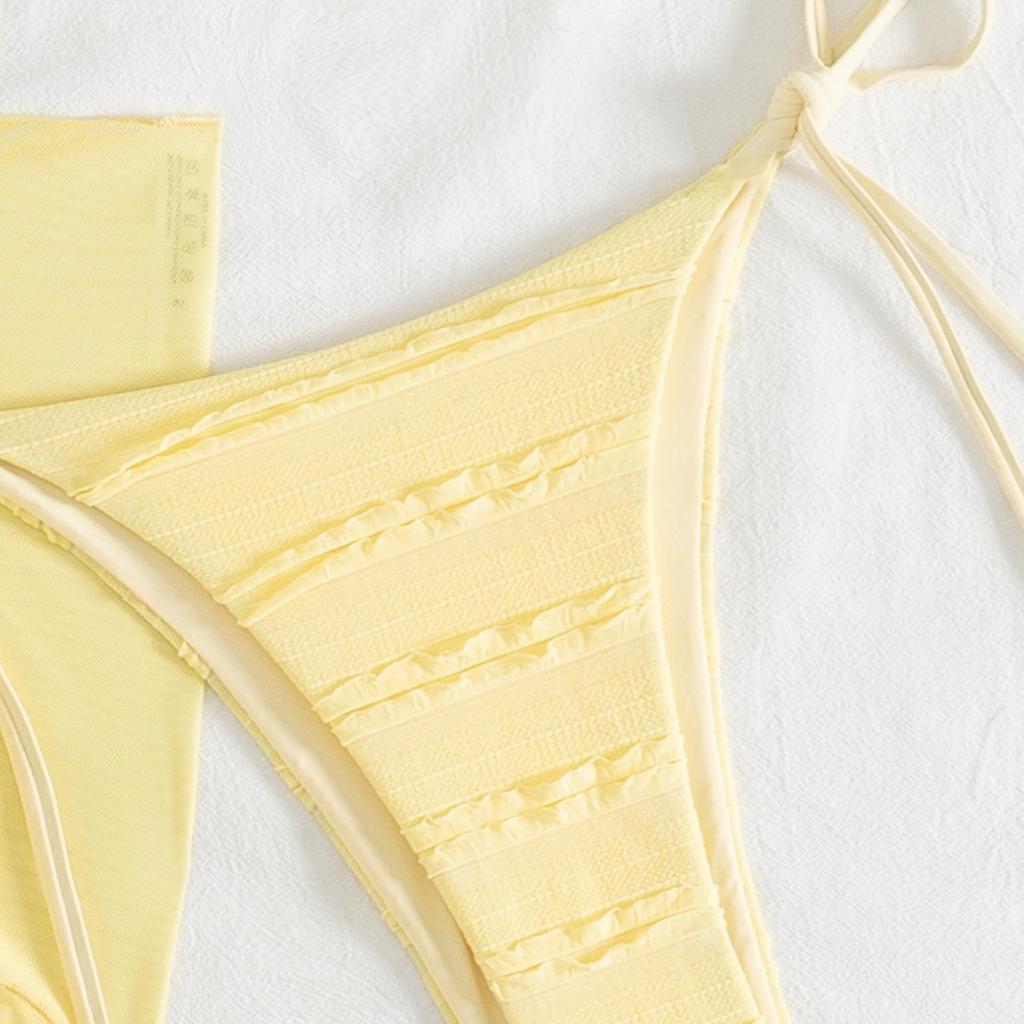 European and American yellow ruffle edge swimsuit female sexy three-piece set strap backless solid color bikini bikini swimsuit