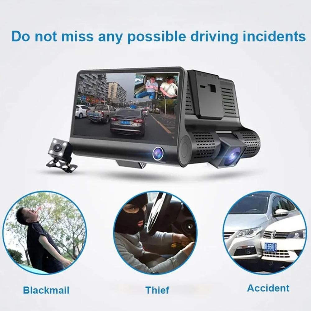 4inch Three Lens HD Dash Cam Night Vision Touch Screen Wide Angle Reversing DVR G-Sensor GPS Navigation Dashboard Video Recorder