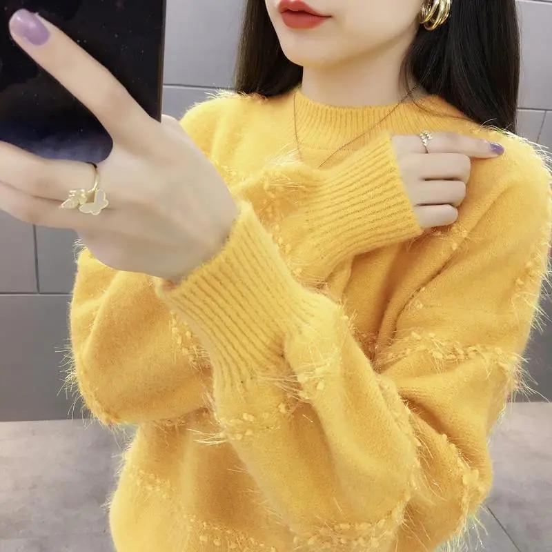 Women's Spring/Fall Loose-Fit Half-Turtleneck Knit Base Layer Sweater with Mink-Fleece Imitation Design