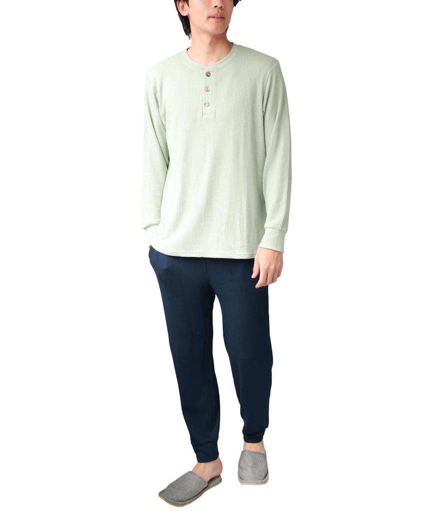 ON NISHIKI Long Sleeve Pajama Waffle Stretch Long Loungewear Men's Set, Spring/Autumn, Fabric, Pullover, Pants, (Pistachio 4/L/77605)