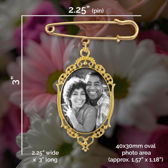 Gold Wedding Bouquet Photo Charm Pin for Bridal Flower Bouquet Memorial