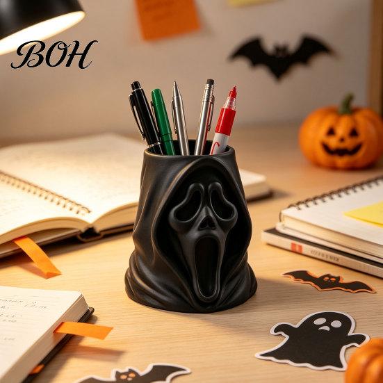 Creative Pen Holder Halloween Ghost Face Candy Bucket, 3D Printed Trick or Treat Snack Holder, Scary Party Decorations Spooky Screaming Desktop