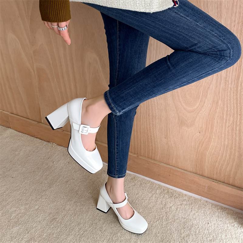 Krazing Pot PU Square Toe Super High Heels Summer Buckle Straps Shoes Big Size 43 Women Waterproof Pumps