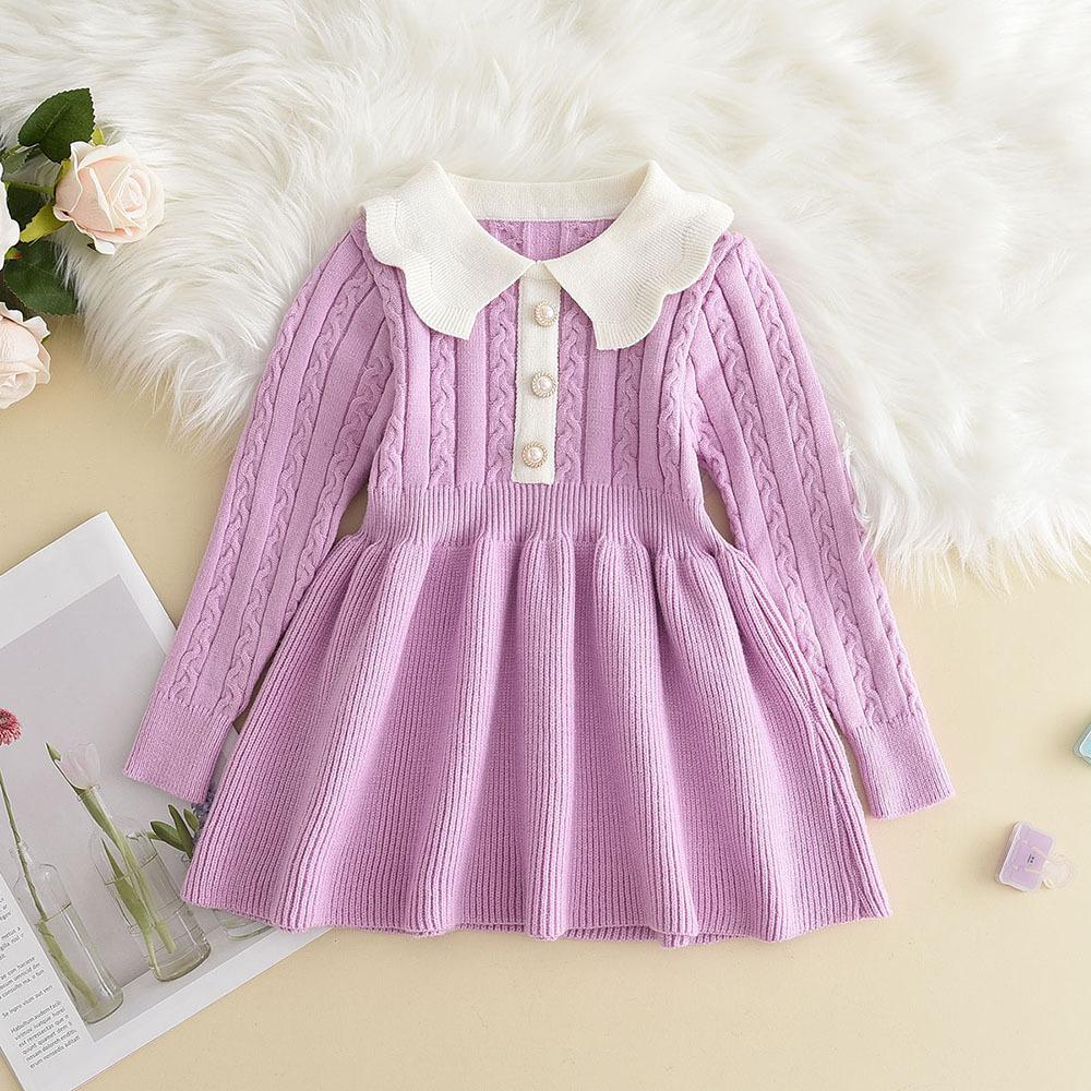 Girls Sweater Dress Winter New Korean Style Fashionable Solid Color Little Girl Knitted Long Sleeve Princess Dress