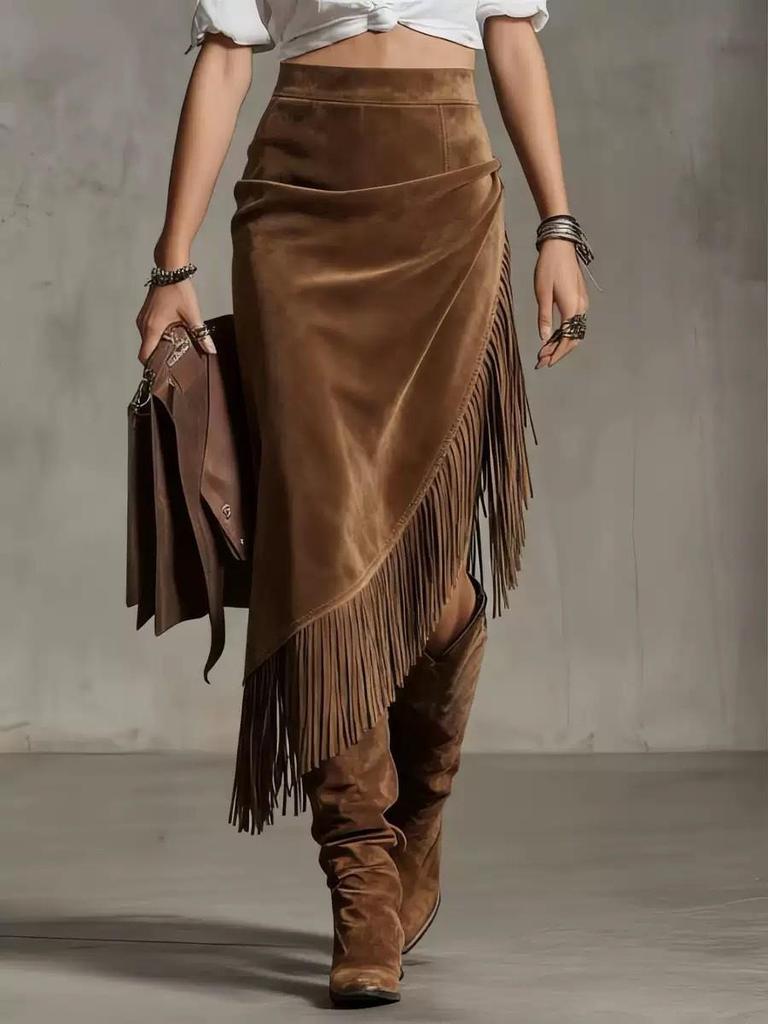 Retro Western European Suede Skirt with Irregular Design, Solid Color, 2026 Style