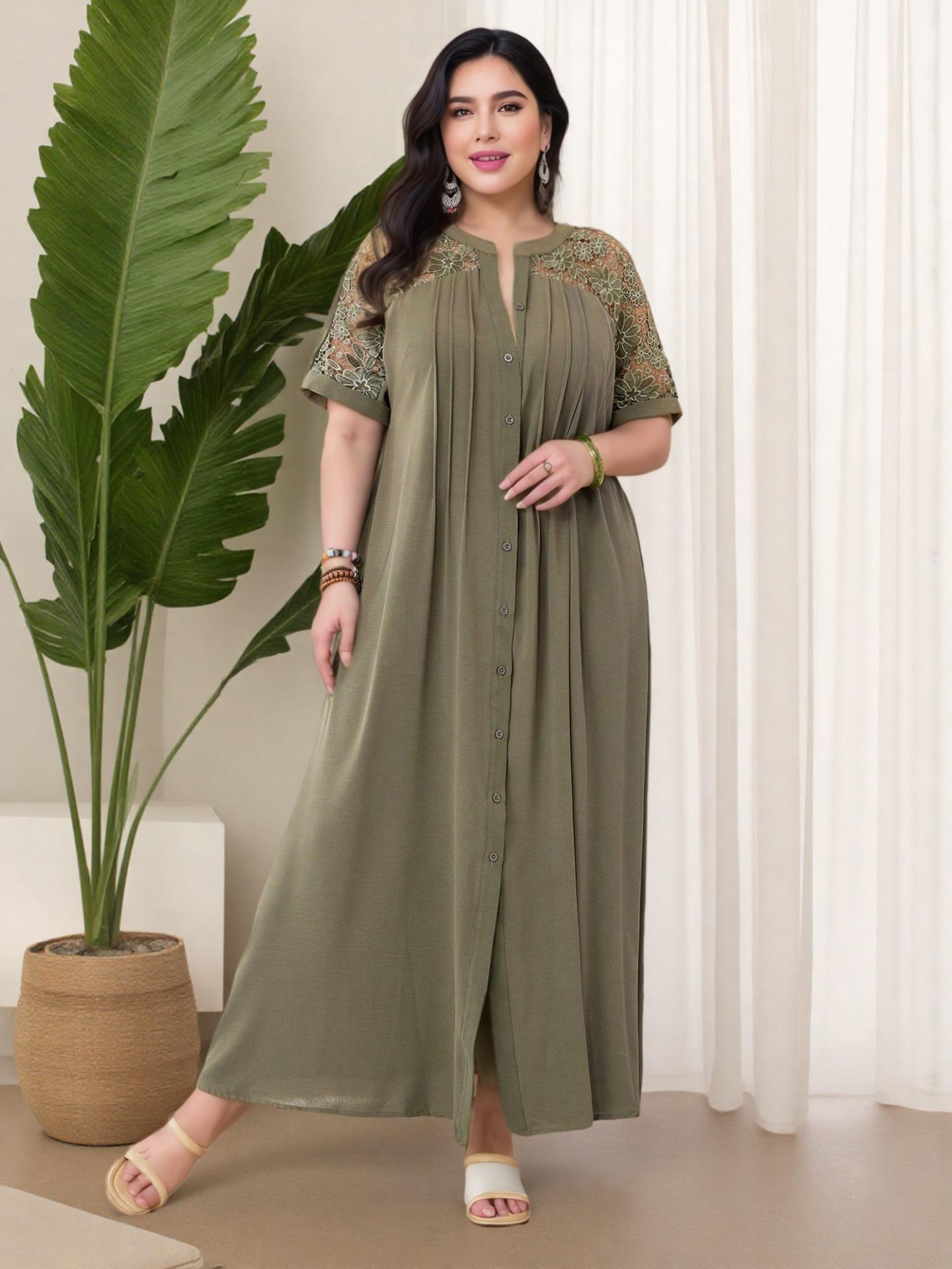 Middle Eastern Style Plus Size Lace Patchwork Long Dress 4XL армия зеленый
