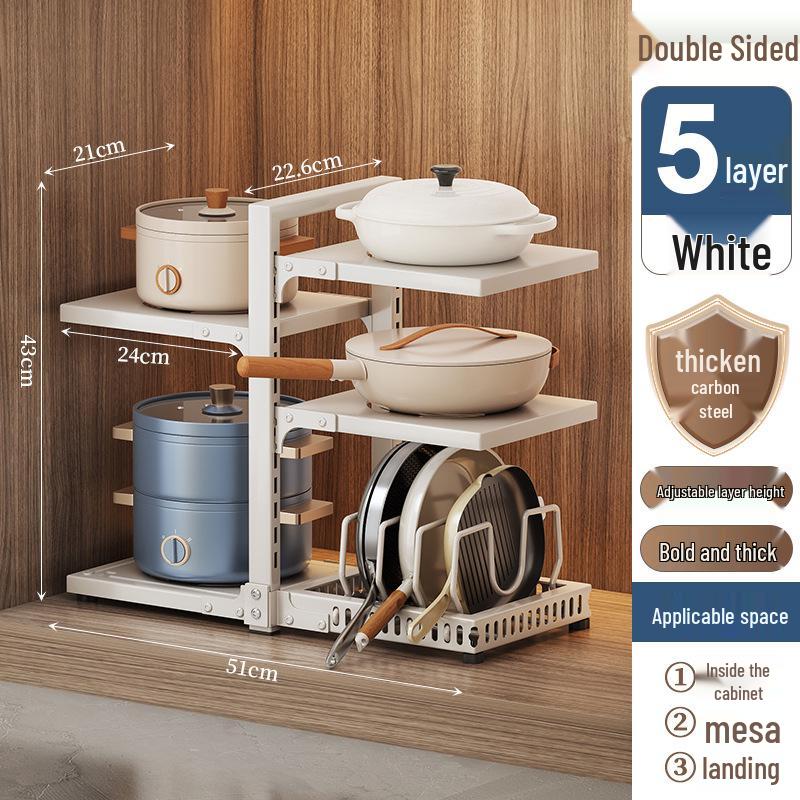 Estante de almacenamiento de ollas y utensilios de cocina de múltiples capas para cocina, organizador de encimera bajo el fregadero, diseño de doble cara