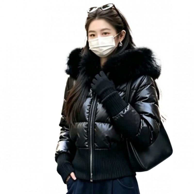 Womens Warm Puffer Coat With Faux Fur Trim Hood Water-Resistant Quilted Cotton Jacket Short Length Winter Outerwear