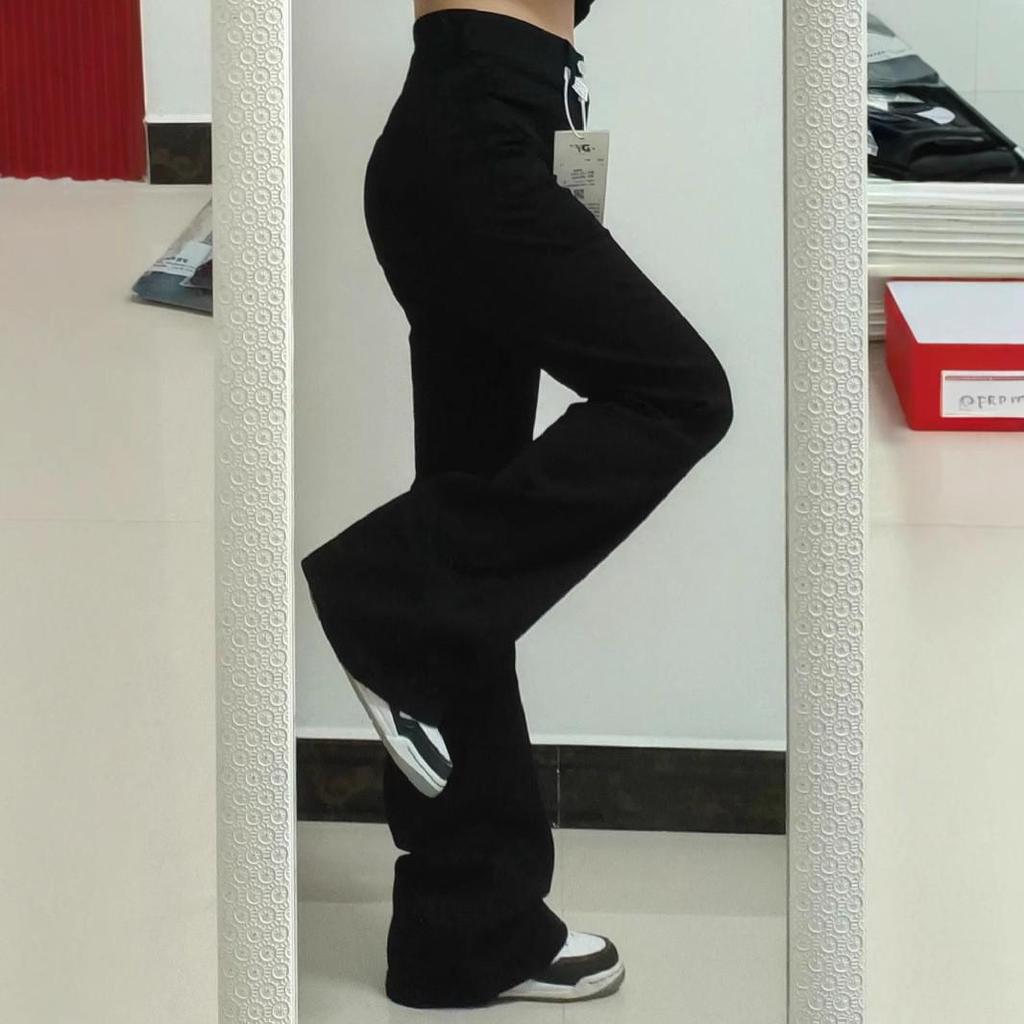 Women's Black High Waist Micro-Flare Jeans - 2025 Spring/Autumn Slimming Horseshoe Stacked Floor-Length Pants