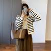 Women's Autumn Striped Knit Cardigan - French Style, Color Block, Loose Fit, Round Neck, Short Length, Long Sleeve Sweater Coat.