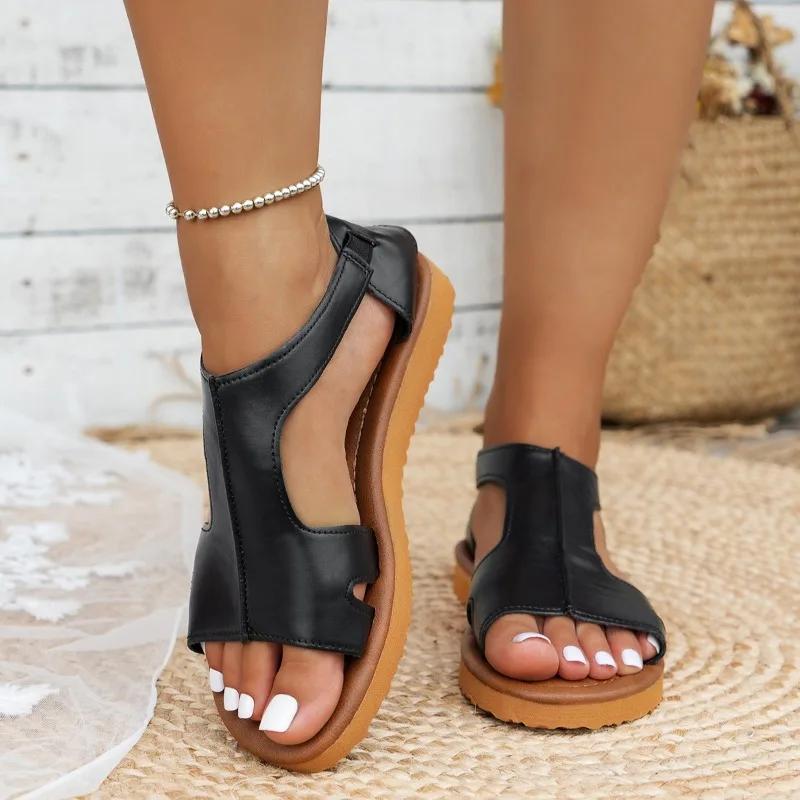 Fashion Female Shoes on Sale 2024 Basic Model Solid Color Simple Women's Casual Sandals Non-slip and Wear-resistant Roman Sandals