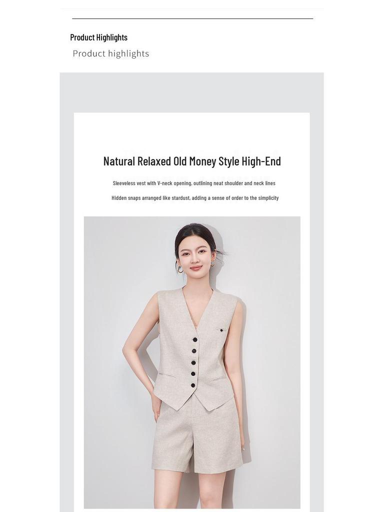 Women's Summer Linen V-Neck Suit Vest & Casual Minimalist Two-Piece Set