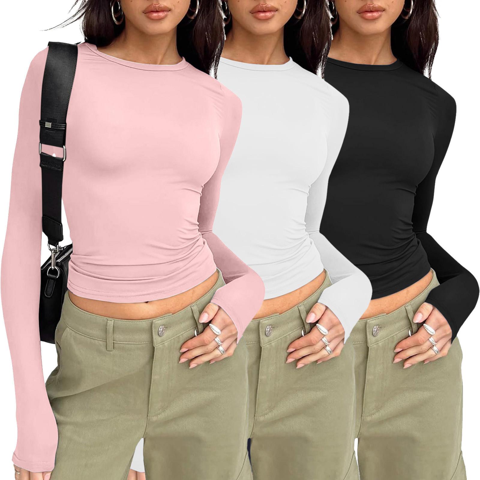 

Women s Fashion Colour Casual Long Sleeve Pullover Bottom Shirt T-Shirt Tops Three Pack L розовый