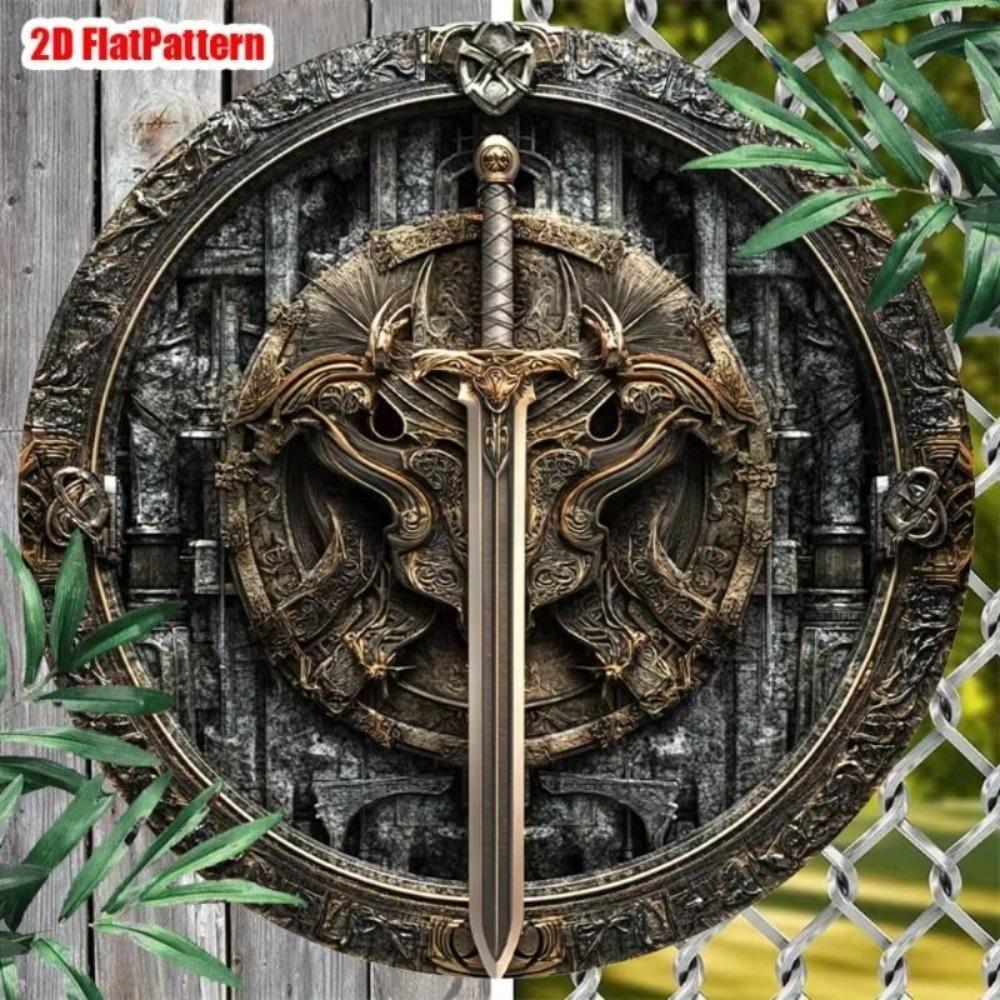 Warrior With Sword Metal Wall Poster Round 8x8 Inch Home Decor