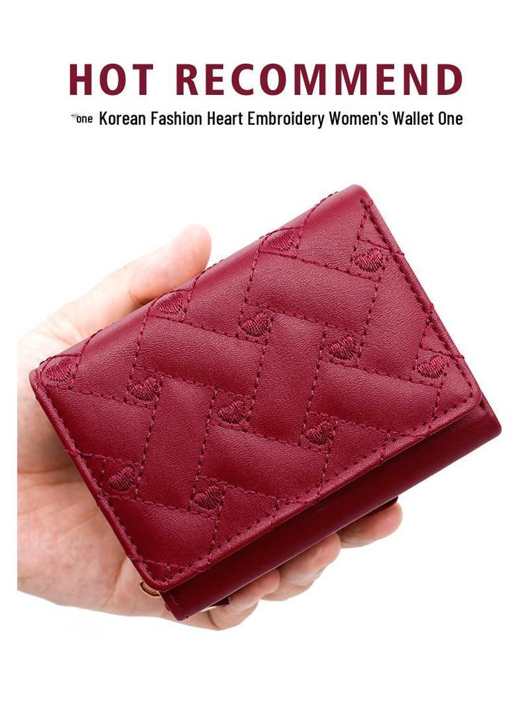 Women's Tri-Fold Embroidered Heart Wallet with Multi-Card Slots and Leather Coin Purse
