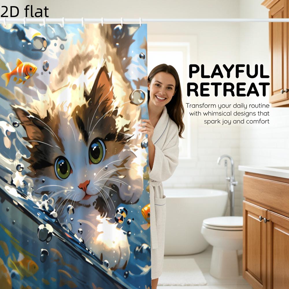 Cute Cat Shower Curtain Waterproof Fabric Bathroom Decor with Hooks Funny Kitten Fish Print Bath Curtains Home Accessories
