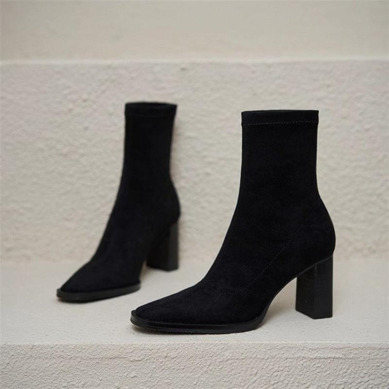 Winter Street Style Square Toe Women Ankle Boots Concise Thick Heels Shoes Female Vintage Short Booties  De Muje 35