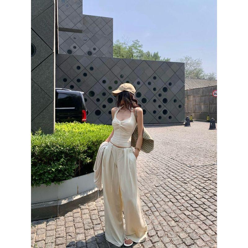 Kumikumi Lazy Style Long Sleeve Cardigan Underwear Spaghetti-Strap Slip Women's Autumn Slimming All-Match Wide Leg Pants Three-Piece Set