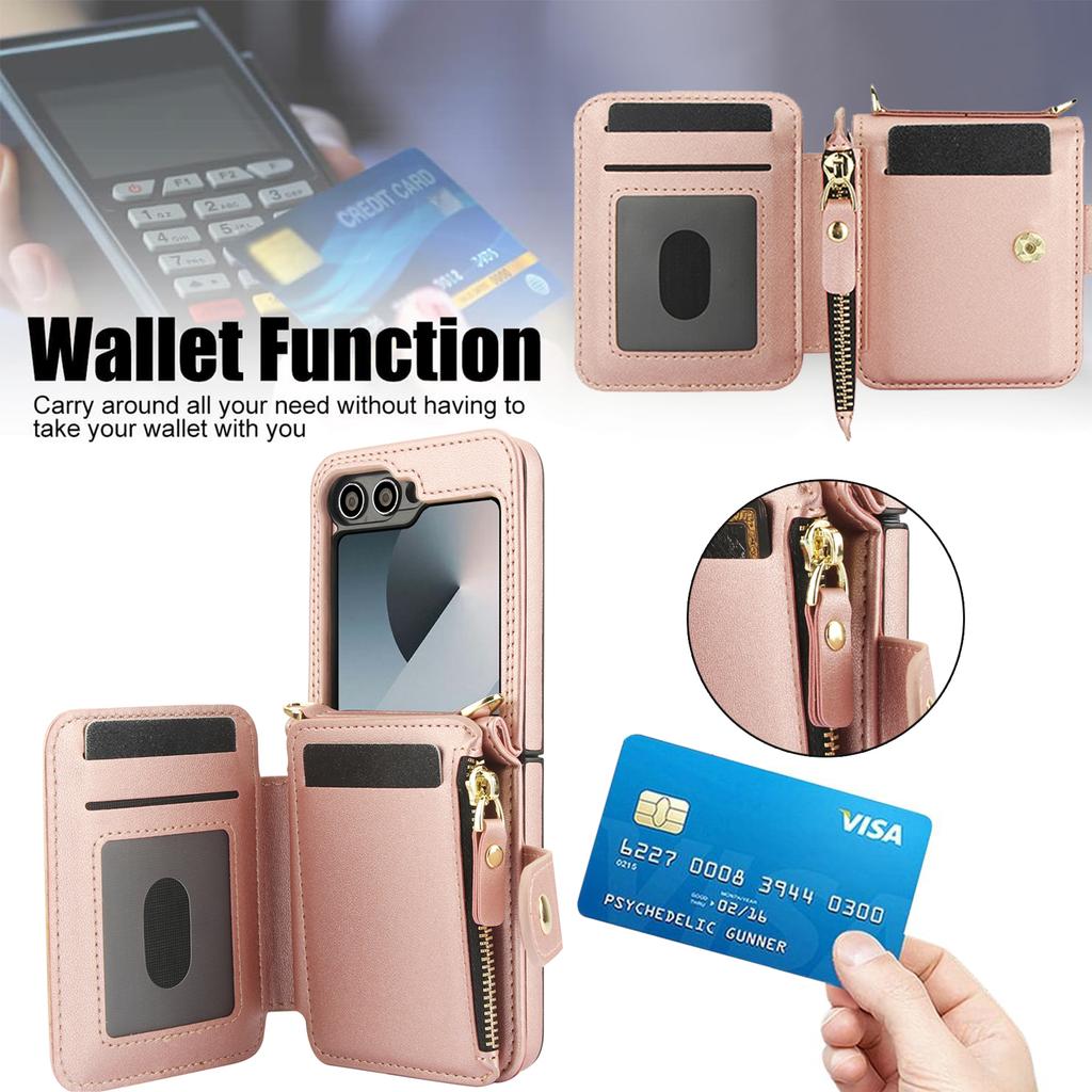 Crossbody Zipper Cards Solt Wallet Leather Case for Samsung Galaxy Z Flip 7 FE 6 5 4 Grid Pattern Flip6 Flip5 Long Lanyard Cover