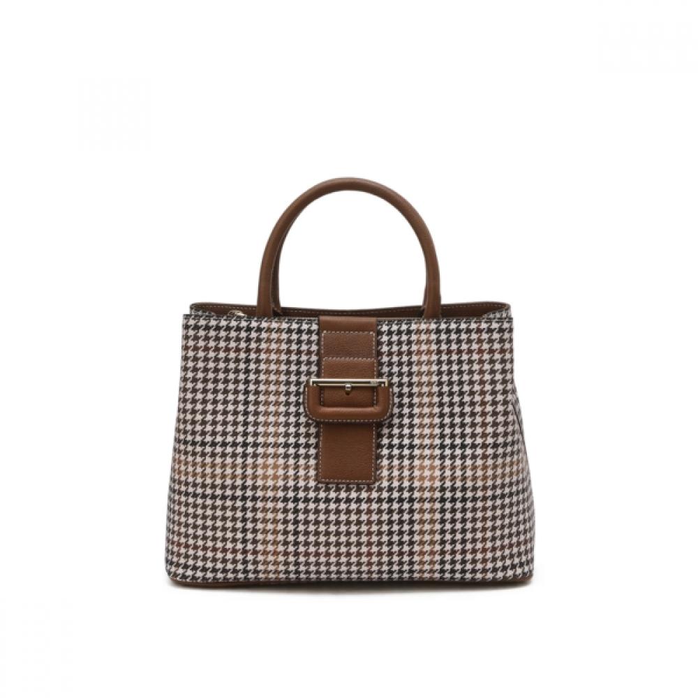 Daks Brown Leather Houndstooth Check Tote Bag M