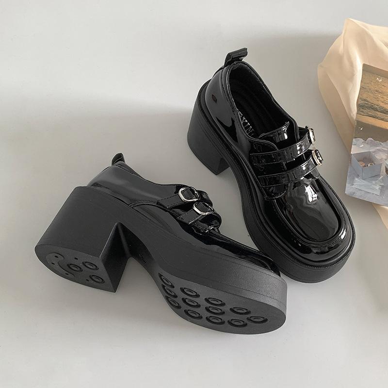 Black British High-heeled Platform Small Leather Shoes Women's 2025 New Summer French Versatile Retro Heightening Loafers