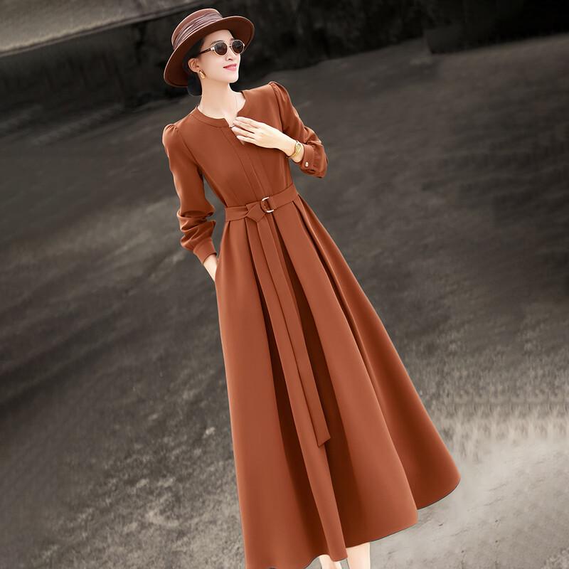 Lanser Elegant V-Neck Long Sleeve Belted Midi Dress L