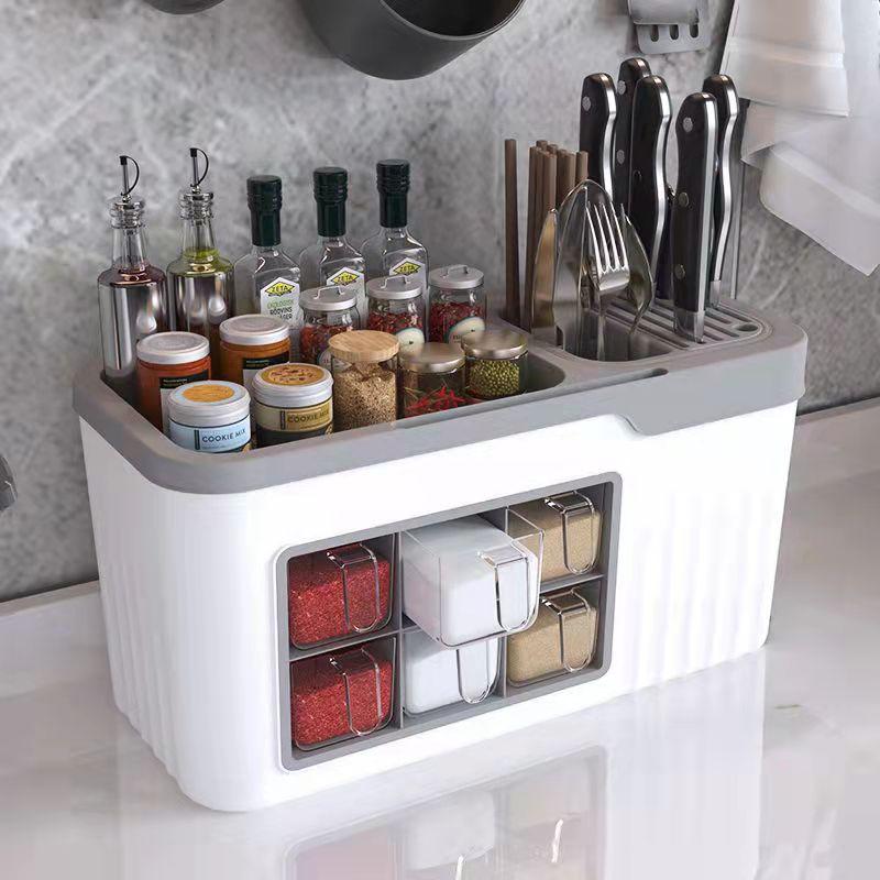 Kitchen Spice Rack Plastic Floor Spice Storage Rack Multifunctional Knife Rack Oil And Salt Sauce And Vinegar Organising Storage Racks